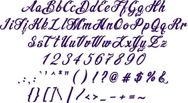 Handrawn calligraphic violet alphabet font