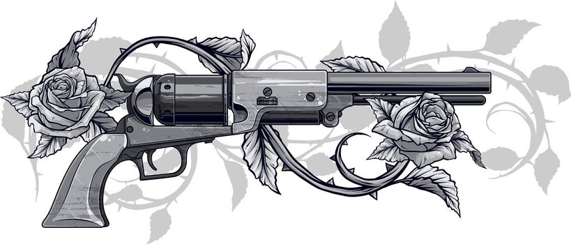 Graphic detailed old revolver with roses