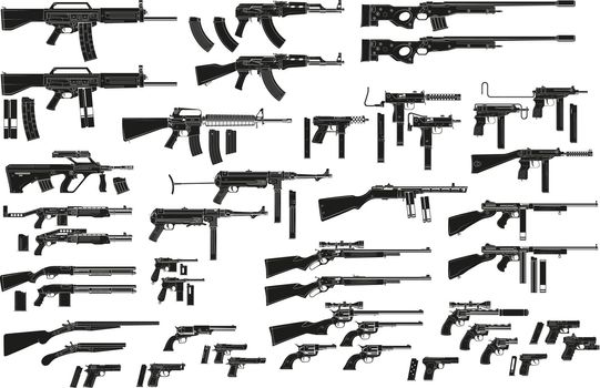 Graphic black silhouette weapon and firearm icons