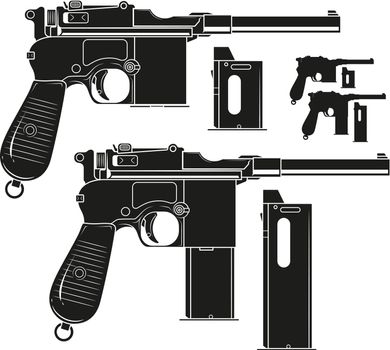 Graphic silhouette old pistol with ammo clip