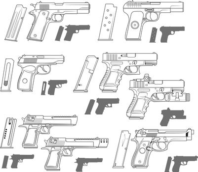 Graphic black and white modern handgun pistols