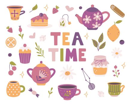 Tea time set of vector elements. Teapots, mugs, sweets in flat style. Breakfast, tea party