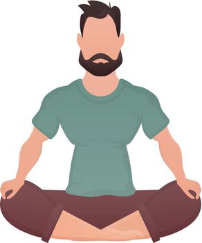 A guy with a strong physique is sitting and doing yoga. Isolated. Cartoon style.