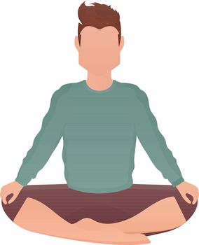 A guy of strong physique sits in a lotus position. Isolated. Cartoon style.