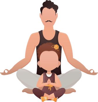 A man with a cute little girl are sitting in a lotus position. Isolated. Cartoon style.