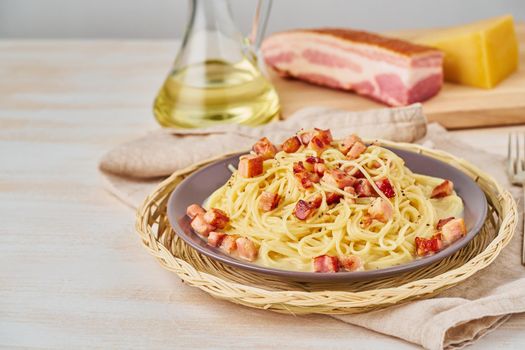 Carbonara pasta. Spaghetti with pancetta, egg, parmesan cheese and cream sauce.