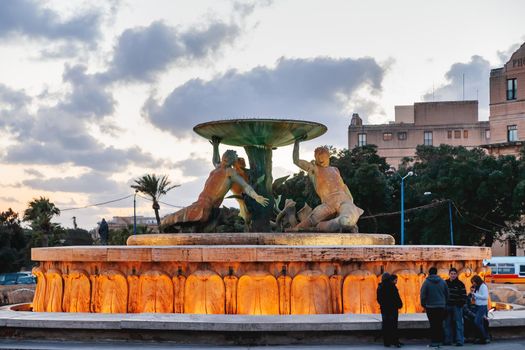 FLORIANA, MALTA - February 12, 2010. Triton fountain, famous landmark.
