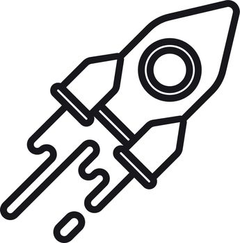 Rocket icon. Moving spacecraft in black line style