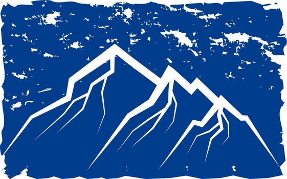 Mountain range under blue sky. Vintage stamp