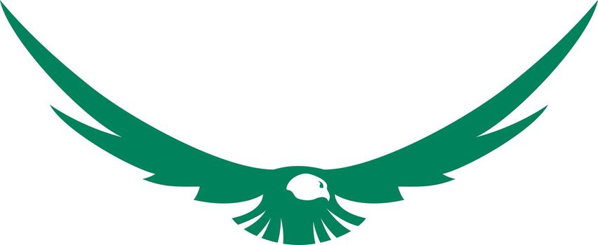Hunting bird in flight. Green vintage logo. Winged insignia