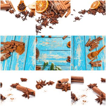 cinnamon sticks and stars collection isolated on white background