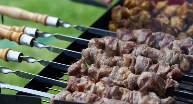 Barbecue shashlik kebab with winglets in chargrill semifinished on skewer side view closeup
