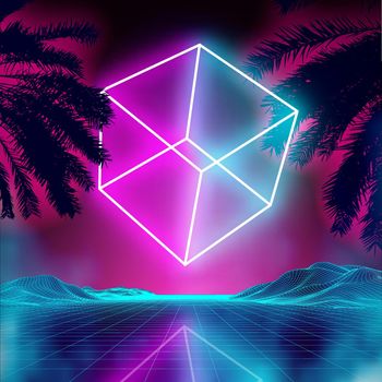Neon 3d cube on retro background landscape. Glowing cube cosmos poster. Neon light box cube light. Future purple 80s sci-fi poster.