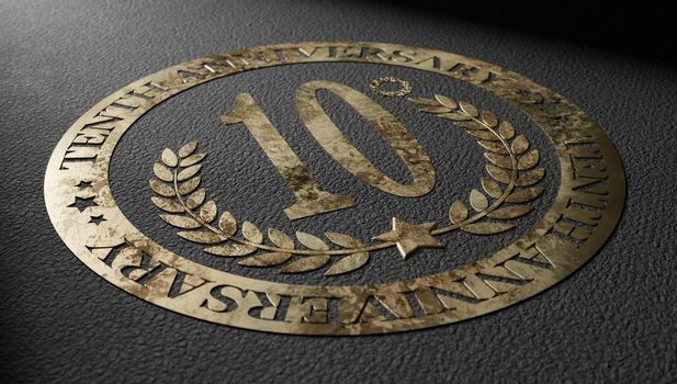 Tenth anniversary golden logo emblem with ribbon and the number 10 designing silhouette. 3d rendering.