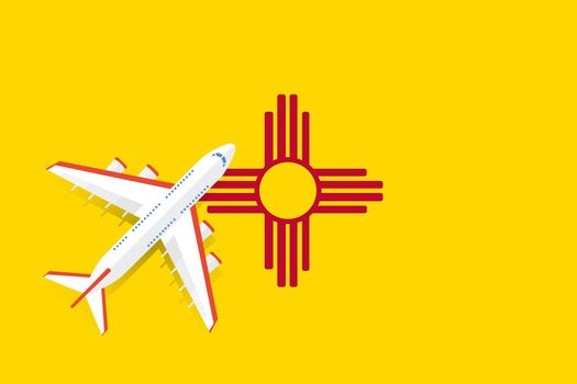 Vector Illustration of a passenger plane flying over the new Mexico flag.