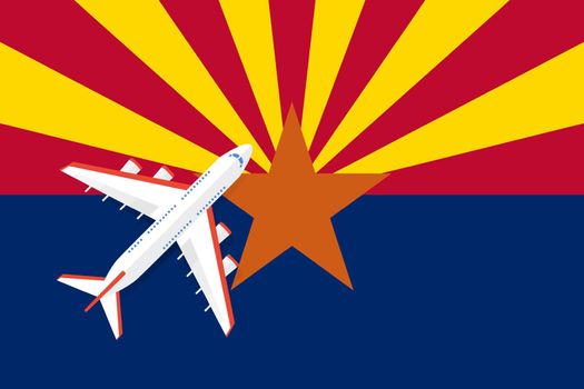 Vector Illustration of a passenger plane flying over the Arizona flag.