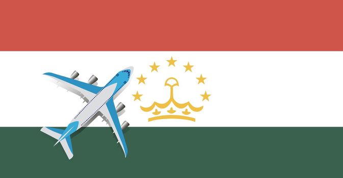 Vector Illustration of a passenger plane flying over the flag of Tajikistan.
