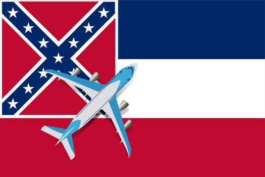 Vector Illustration of a passenger plane flying over the Mississippi flag.