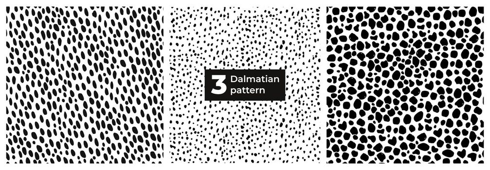 A set of seamless Dalmatian animal fur prints. Animal skin pattern. Stained background. Vector illustration. Random bovine spots hand-drawn. Texture banner with farm animals.
