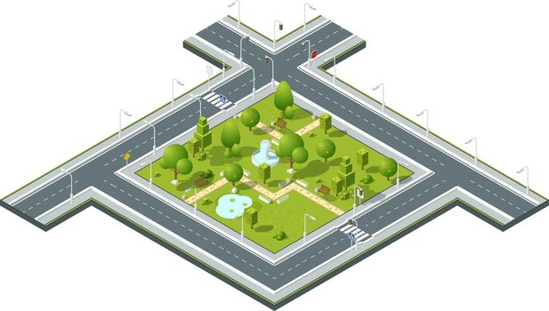 Isometric natural park. Green city block miniature