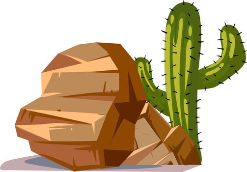 Big stone with cactus behind. Desert landscape scenery
