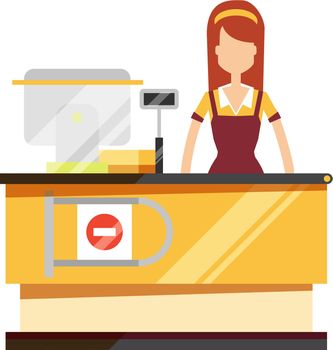 Store counter with standing woman cashier. Cash register stand