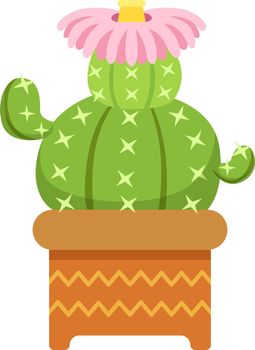 Blooming cactus. Green cartoon succulent in ceramic pot