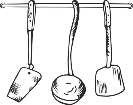 Cooking accessory sketch. Kitchen tool hanging on wall