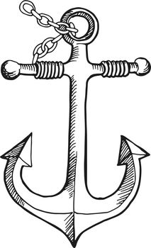 Anchor on chain sketch. Metal ship device. Nautical symbol