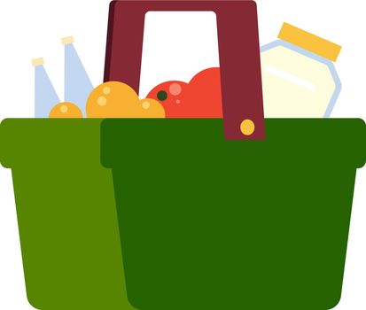 Green store basket with food groceries. Supermarket purchases