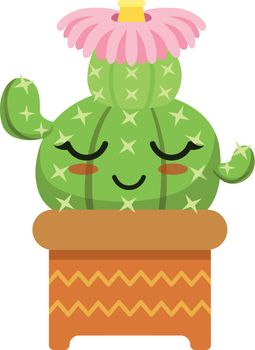 Cute blooming cactus with kawaii face. Happy succulent pot