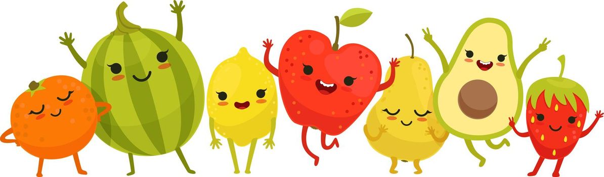 Happy fruits jumping. Funny fresh joyfull characters