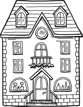 Cute cottage exterior. House facade doodle sketch