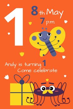 First birthday invitation with cute characters. Kid party flyer