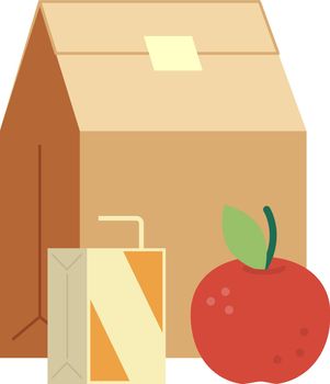 Paper bag with apple and juice box. Lunch pack icon
