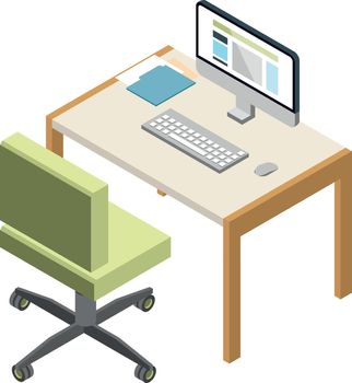 Computer desk and chair isometric icon. Remote workplace