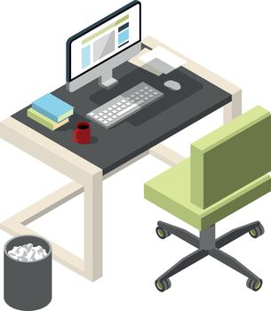 Workspace isometric icon. Office desk with computer and chair