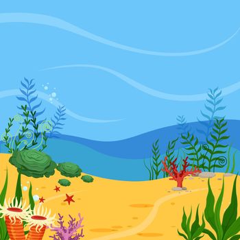 Underwater scene background. Ocean sand ground with corals and plants