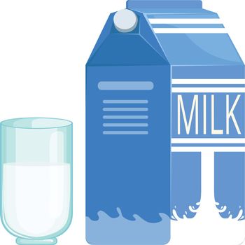 Milk icon. Cartoon blue paper pack and drink glass