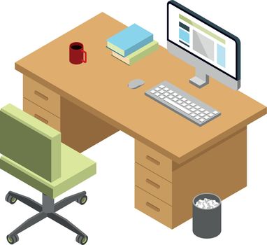 Isometric office worker desk. Manager computer workplace