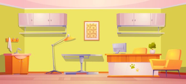 Vet clinic room for medical aid and exam pets. Vector cartoon interior of veterinarian office with doctor desk with computer, table with lamp for examine domestic animals, sink and shelves