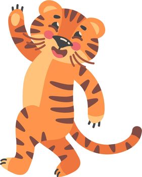 Waving tiger. Cute mascot 2022, zoo vector illustration