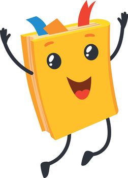 Cute textbook character. Smiling happiness human book with legs in jump, cartoon icon vector illustration