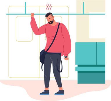 Depressed man in subway. Long drive home by public transport, vector illustration