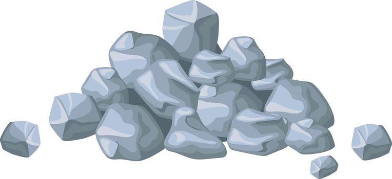 Cartoon pile of stones. Heap solid and broken rocks or boulders from mine, building materials, geology nugget stone, flat vector illustration