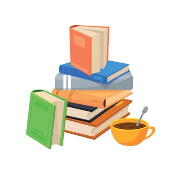 Pile textbooks collection. Book for work or hobby with coffee cup, cartoon vector
