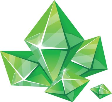 Green rhombus diamonds. Crystal stones, piece of geology achievement, cartoon vector illustration