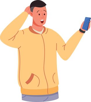 Surprise man read shock news. Male holding smart phone, read secret, vector illustration