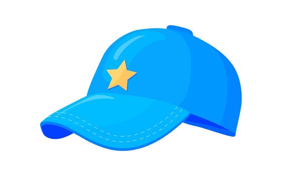 Cartoon blue cap. Hat with visor for sport baseball derby, vector illustration