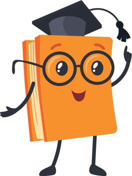 Funny book character. Textbook in glasses of teacher and hat graduation, cartoon icon vector illustration
